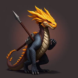 A humanoid dragon with a yellow-orange colored head, standing with a spear stashed on his back, exuding a sense of readiness and authority