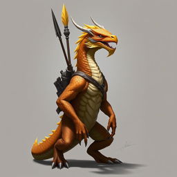 A humanoid dragon with a yellow-orange colored head, standing with a spear stashed on his back, exuding a sense of readiness and authority