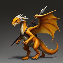 A humanoid dragon with a yellow-orange colored head, standing with a spear stashed on his back, exuding a sense of readiness and authority