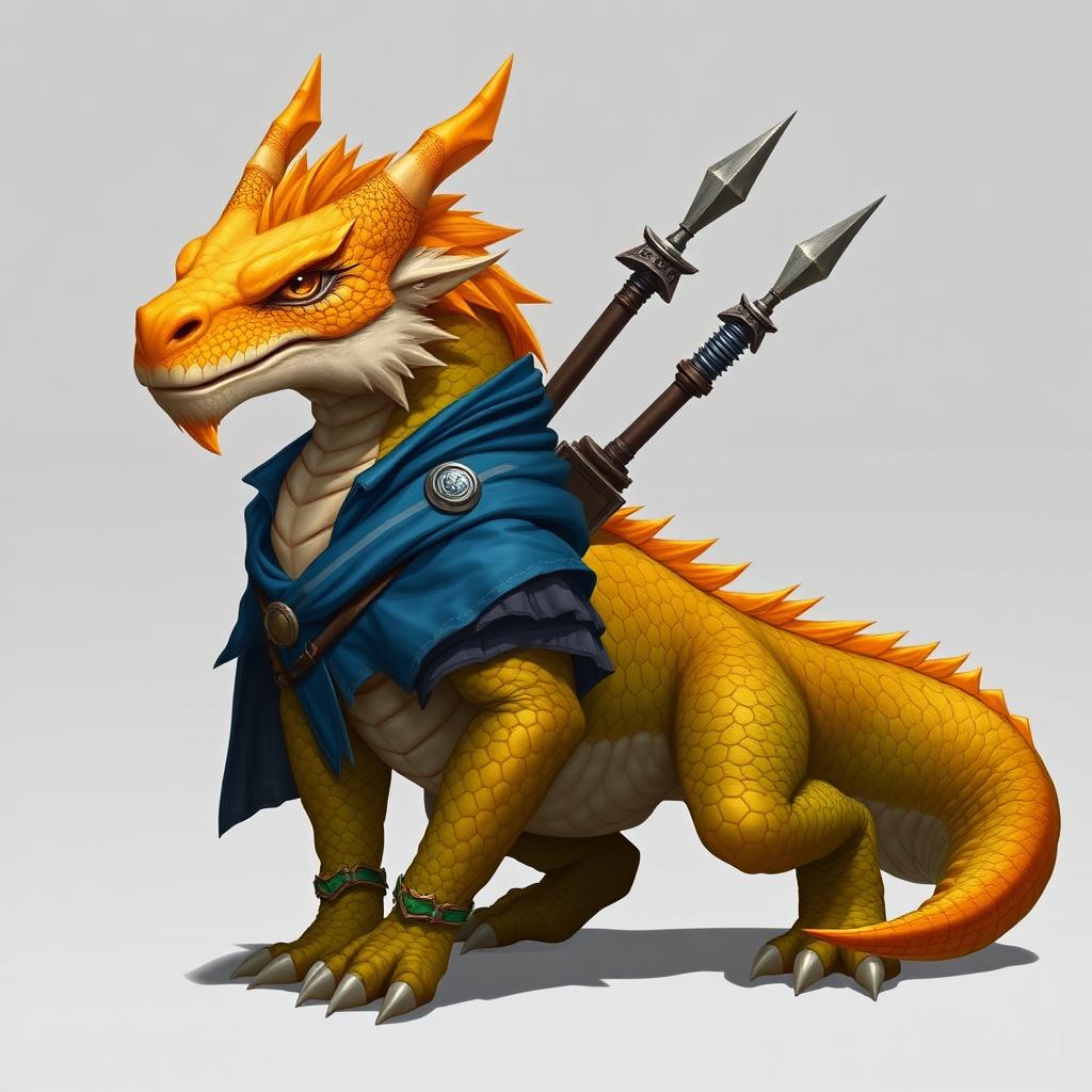 A humanoid dragon with a yellow-orange colored head, wearing a stylish blue tunic that contrasts beautifully with its scales