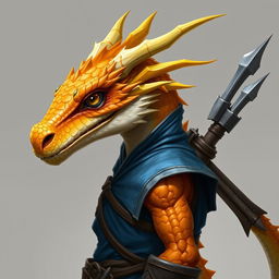 A humanoid dragon with a yellow-orange colored head, wearing a stylish blue tunic that contrasts beautifully with its scales