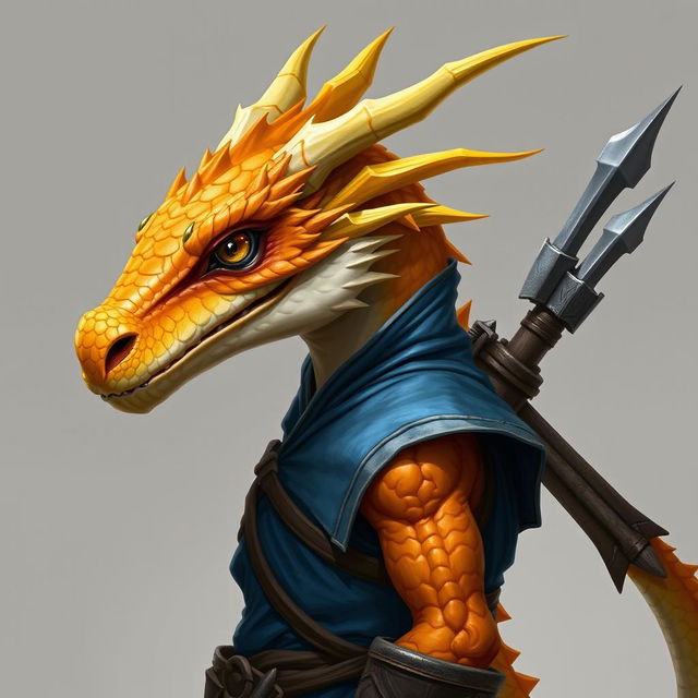 A humanoid dragon with a yellow-orange colored head, wearing a stylish blue tunic that contrasts beautifully with its scales