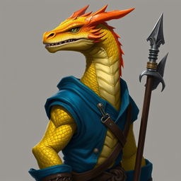 A humanoid dragon with a yellow-orange colored head, wearing a stylish blue tunic that contrasts beautifully with its scales