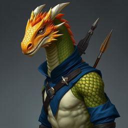 A humanoid dragon with a yellow-orange colored head, wearing a stylish blue tunic that contrasts beautifully with its scales