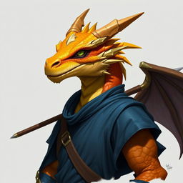 A portrait of a humanoid dragon with a yellow-orange colored head, wearing a stylish blue tunic that presents a vivid contrast to its vibrant scales