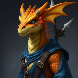 A portrait of a humanoid dragon with a yellow-orange colored head, wearing a stylish blue tunic that presents a vivid contrast to its vibrant scales