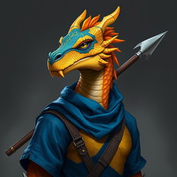 A portrait of a humanoid dragon with a yellow-orange colored head, wearing a stylish blue tunic that presents a vivid contrast to its vibrant scales