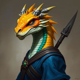 A portrait of a humanoid dragon with a yellow-orange colored head, wearing a stylish blue tunic that presents a vivid contrast to its vibrant scales