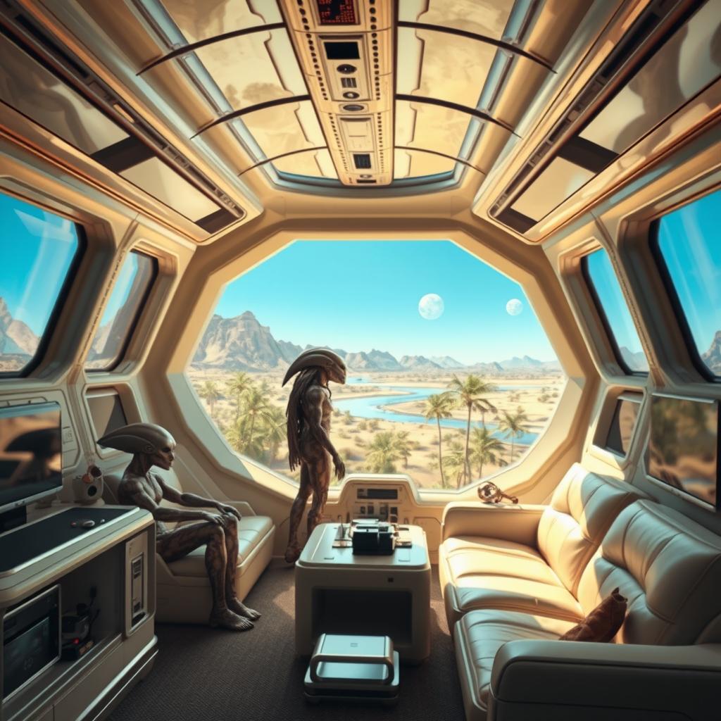 The spaceship room of an alien civilization, featuring a high-tech design for a unique interior