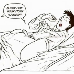 Intensify the man's state of hangover in the manga-style depiction, amplifying his expressions of discomfort and anguish to demonstrate that he feels extremely awful.