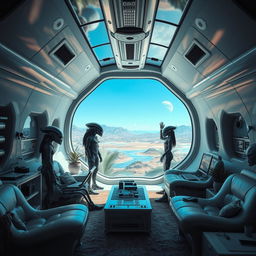 The spaceship room of an alien civilization, featuring a high-tech design for a unique interior