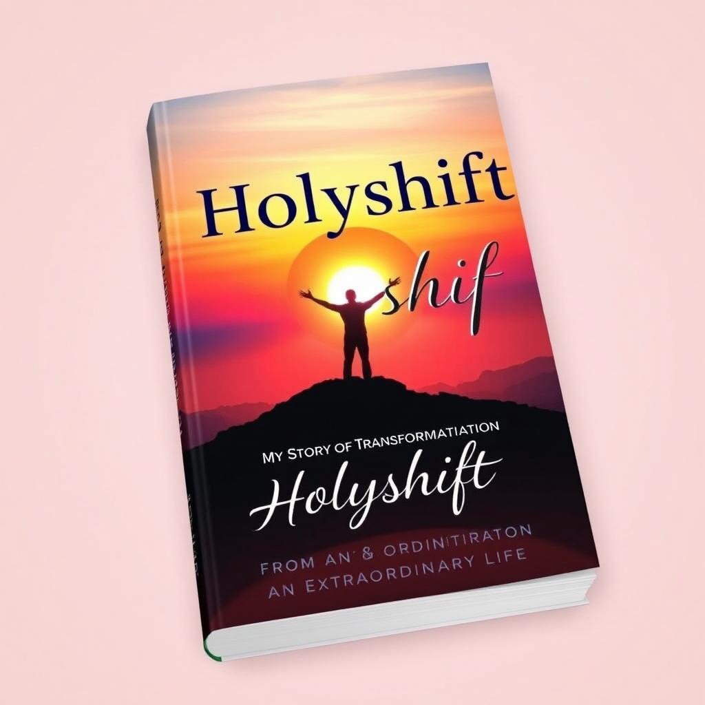 An inspiring book cover for "Holyshift: My Story of Transformation from an Ordinary to an Extraordinary Life" featuring a vibrant sunrise over a serene landscape symbolizing new beginnings