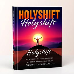 An inspiring book cover for "Holyshift: My Story of Transformation from an Ordinary to an Extraordinary Life" featuring a vibrant sunrise over a serene landscape symbolizing new beginnings