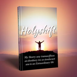 An inspiring book cover for "Holyshift: My Story of Transformation from an Ordinary to an Extraordinary Life" featuring a vibrant sunrise over a serene landscape symbolizing new beginnings