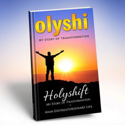 An inspiring book cover for "Holyshift: My Story of Transformation from an Ordinary to an Extraordinary Life" featuring a vibrant sunrise over a serene landscape symbolizing new beginnings