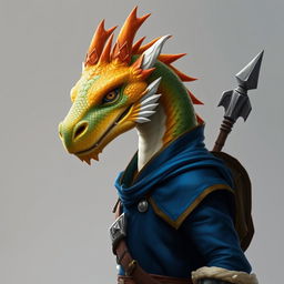 A portrait of a humanoid dragon featuring a yellow-orange colored head, elegantly dressed in a striking blue tunic