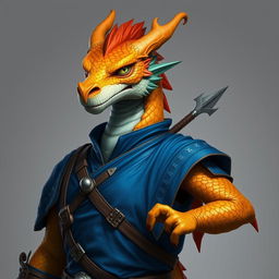 A portrait of a humanoid dragon featuring a yellow-orange colored head, elegantly dressed in a striking blue tunic