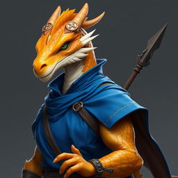 A portrait of a humanoid dragon featuring a yellow-orange colored head, elegantly dressed in a striking blue tunic