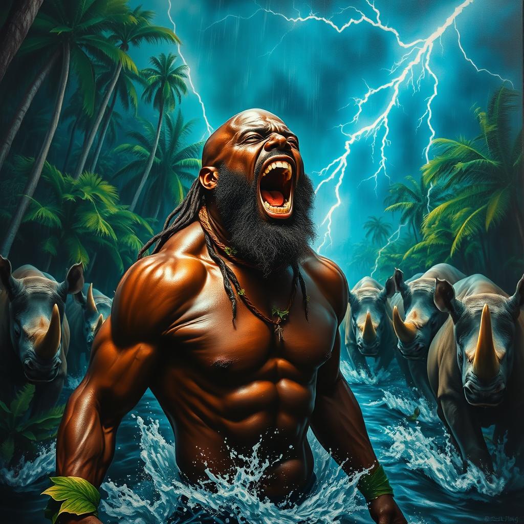 A polished, finished oil-based painting depicting a full-body, macro up-close view of an epic, enraged, captivatingly ferocious nude muscular dark chocolate-skinned black man