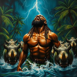 A polished, finished oil-based painting depicting a full-body, macro up-close view of an epic, enraged, captivatingly ferocious nude muscular dark chocolate-skinned black man