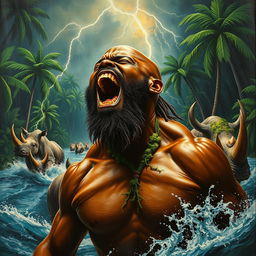 A polished, finished oil-based painting depicting a full-body, macro up-close view of an epic, enraged, captivatingly ferocious nude muscular dark chocolate-skinned black man