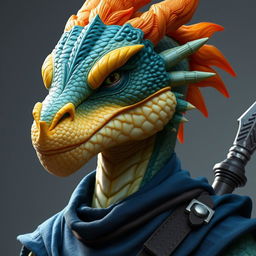 A close-up portrait of a humanoid dragon with a striking yellow-orange colored head, showcasing intricate details and expressive features