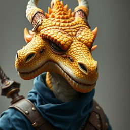 A close-up portrait of a humanoid dragon with a striking yellow-orange colored head, showcasing intricate details and expressive features