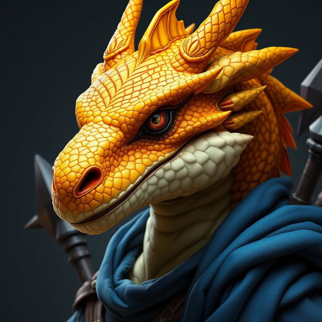 A close-up portrait of a humanoid dragon with a striking yellow-orange colored head, showcasing intricate details and expressive features