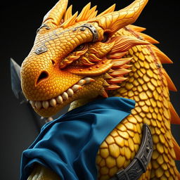 A close-up portrait of a humanoid dragon with a striking yellow-orange colored head, showcasing intricate details and expressive features