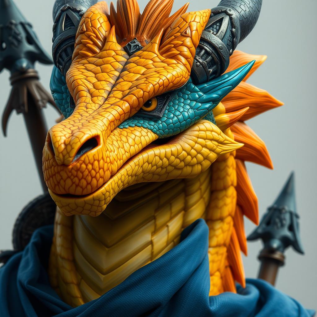 A close-up of a humanoid dragon with a dynamic yellow-orange colored head, exuding a fierce yet noble demeanor