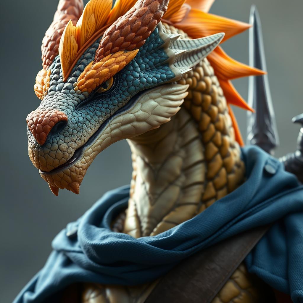 A close-up of a humanoid dragon with a dynamic yellow-orange colored head, exuding a fierce yet noble demeanor