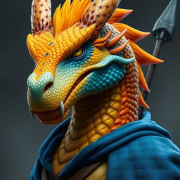 A close-up of a humanoid dragon with a dynamic yellow-orange colored head, exuding a fierce yet noble demeanor