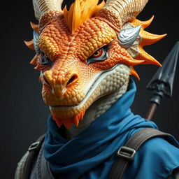 A close-up of a humanoid dragon with a dynamic yellow-orange colored head, exuding a fierce yet noble demeanor