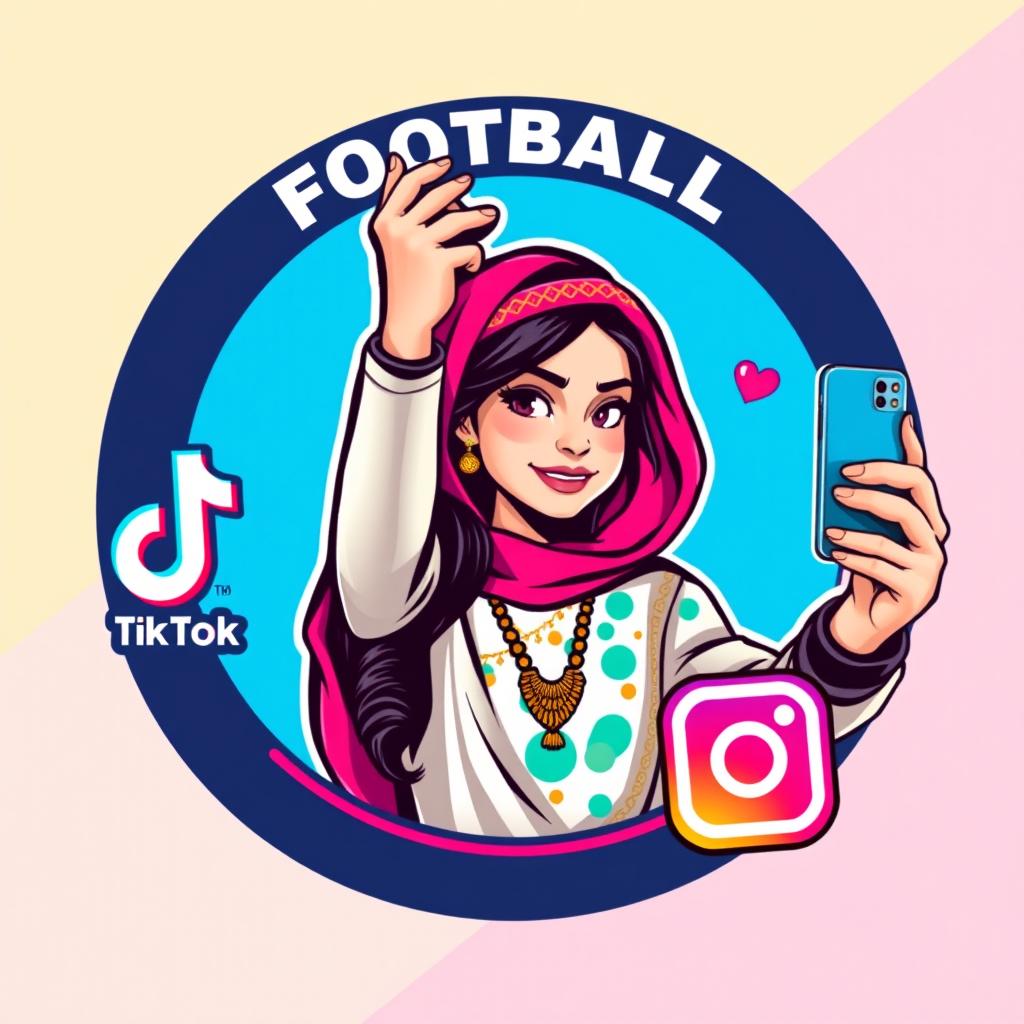 A vibrant football logo featuring an Arabic girl taking a selfie with an iPhone