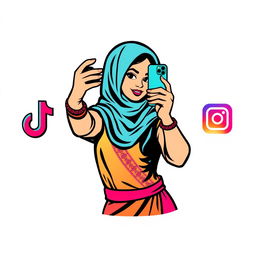 A vibrant football logo featuring an Arabic girl taking a selfie with an iPhone