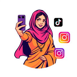 A vibrant football logo featuring an Arabic girl taking a selfie with an iPhone