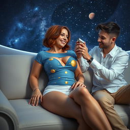 A sexy 38-year-old woman with short chestnut hair and a stunning 42DD curvy figure lies comfortably on a sofa in a futuristic room, where the ceiling projects a starry sky