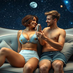 A sexy 38-year-old woman with short chestnut hair and a stunning 42DD curvy figure lies comfortably on a sofa in a futuristic room, where the ceiling projects a starry sky