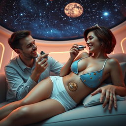 A sexy 38-year-old woman with short chestnut hair and a stunning 42DD curvy figure lies comfortably on a sofa in a futuristic room, where the ceiling projects a starry sky