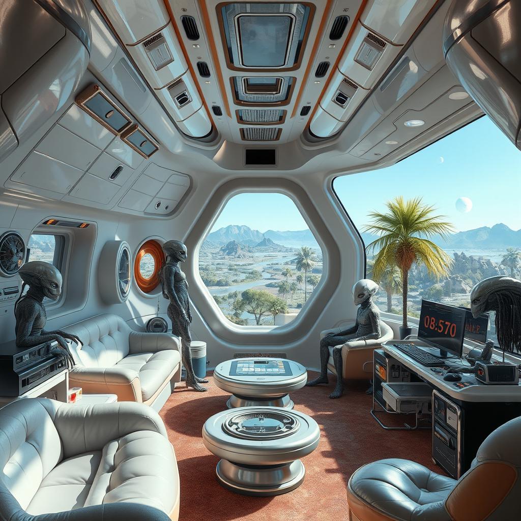 The interior of a spaceship room belonging to an alien civilization with high-tech, unique design