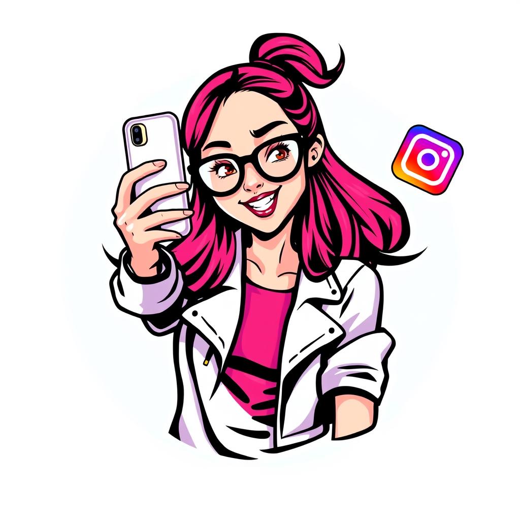 A vibrant football logo featuring a girl with glasses taking a selfie with an iPhone