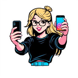 A vibrant football logo featuring a girl with glasses taking a selfie with an iPhone