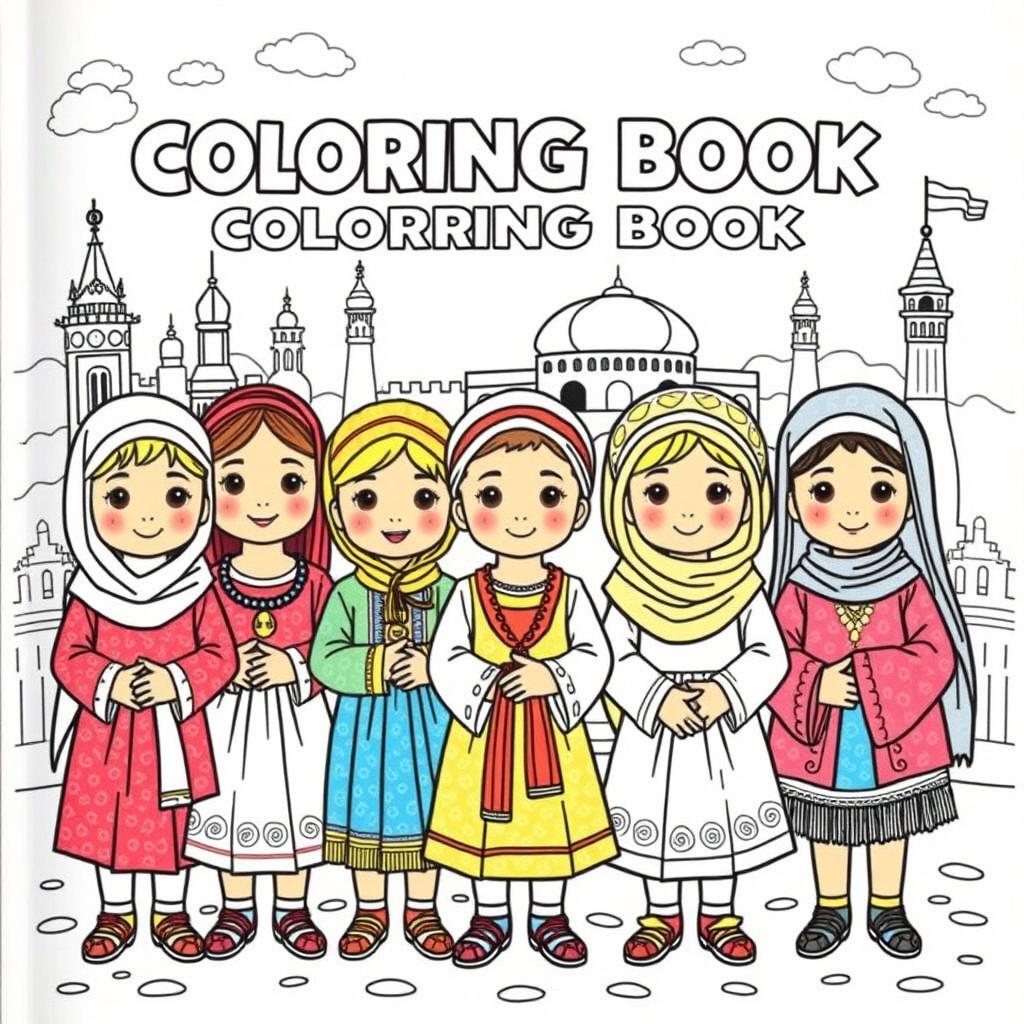 A coloring book featuring children from diverse cultures, each wearing traditional attire