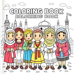 A coloring book featuring children from diverse cultures, each wearing traditional attire