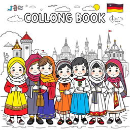 A coloring book featuring children from diverse cultures, each wearing traditional attire