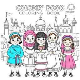 A coloring book featuring children from diverse cultures, each wearing traditional attire