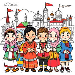 A coloring book featuring children from diverse cultures, each wearing traditional attire