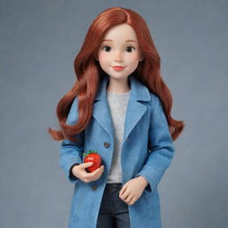 A cartoon-style girl with long red hair, brown eyes, and fair skin. She is dressed in a blue coat and greyish-blue jeans, while holding a juicy strawberry.