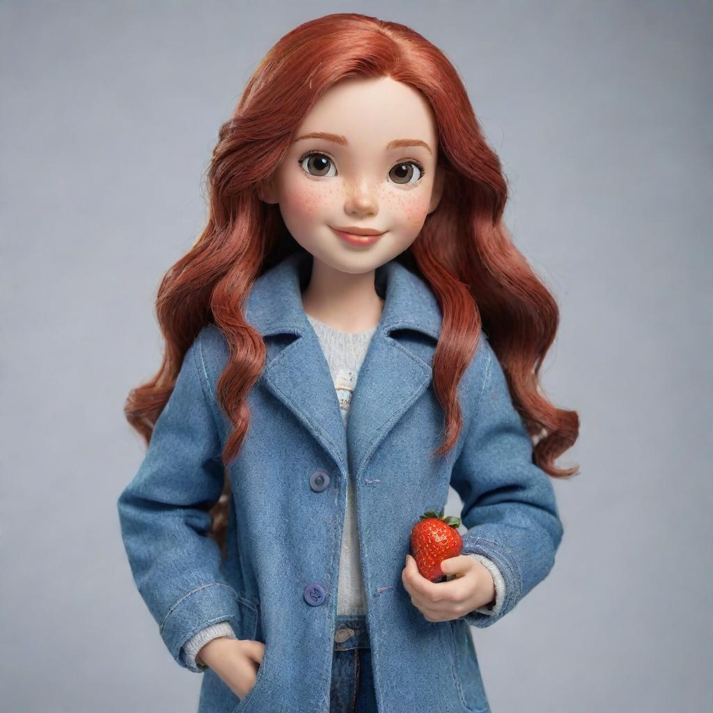 A cartoon-style girl with long red hair, brown eyes, and fair skin. She is dressed in a blue coat and greyish-blue jeans, while holding a juicy strawberry.