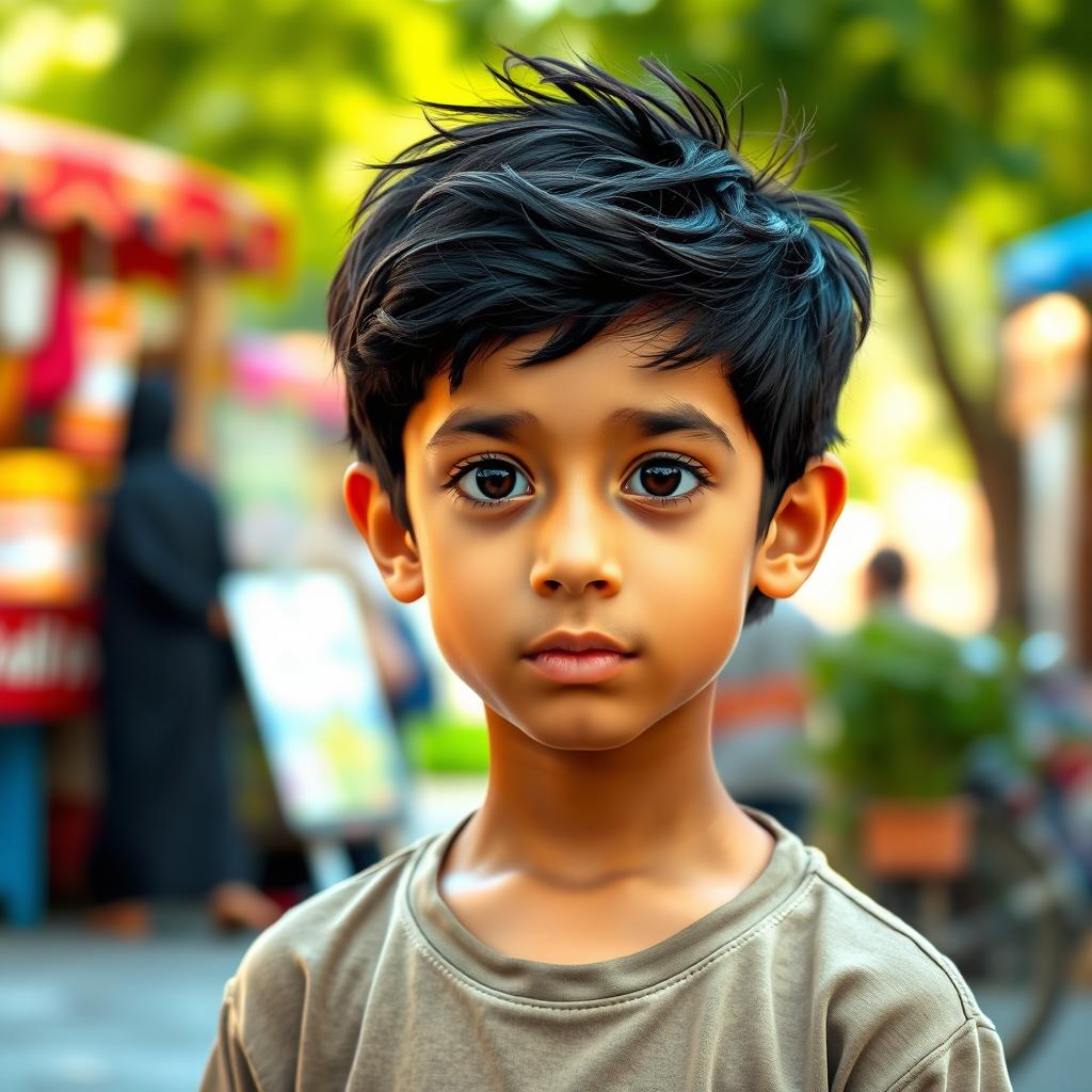 A short Arabic boy with black hair, displaying a sense of shyness